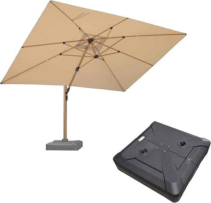 PURPLE LEAF 10‘ x 13’ Rectangle Patio Cantilever Umbrella With Base Large Hanging Umbrella Teak Finished Aluminum Frame Windproof Offset Outdoor Sun Umbrellas for Beach Pool Deck, Beige