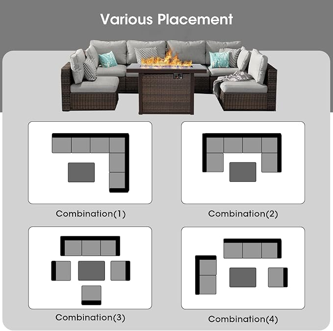 Patio Furniture Set,7 Piece Patio Furniture Set with Fire Pit Table,PE Wicker Rattan Sectional Sofa Patio Conversation Set with Thickened Cushions, Grey