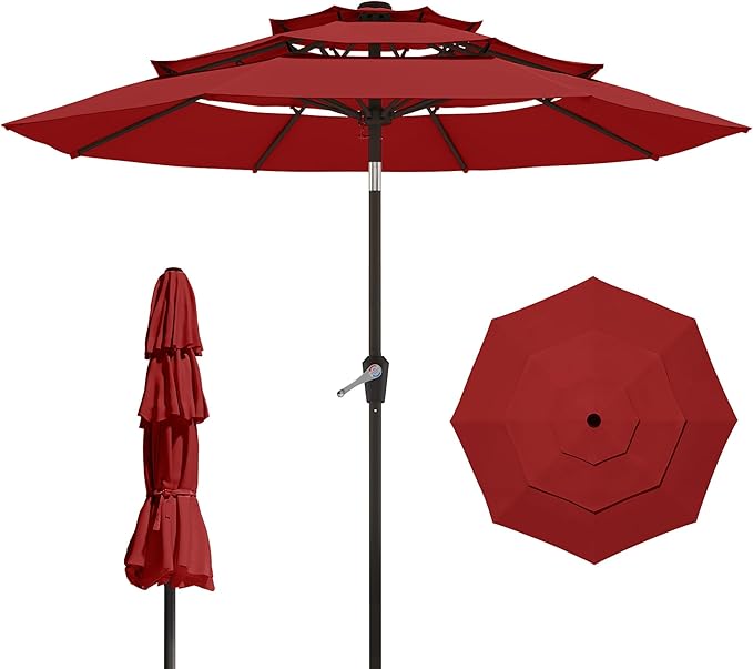 9FT 3 Tiers Patio Umbrella With Auto Tilt And Crank, Outdoor Table Market Umbrella with 8 Sturdy Ribs for Garden, Lawn, Deck, Backyard and Pool