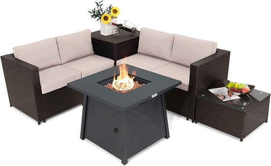Tangkula 5 Piece Patio Furniture Set with 50,000 BTU Propane Fire Pit Table, Outdoor Wicker Conversation Set w/Cushions, Storage Box and Tempered Glass Coffee Table, 30” Gas Fire Pit Table (Beige)
