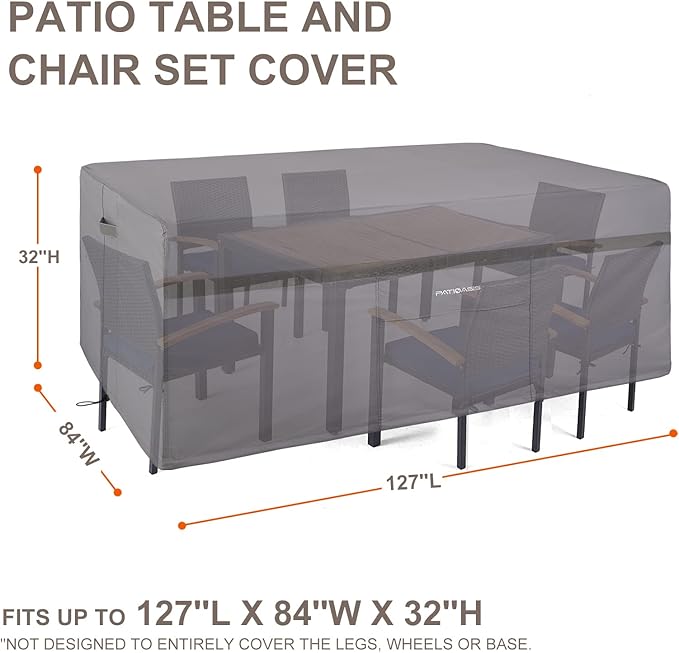 127''L x 84''W x 32''H Outdoor Large Rectangle Table Cover Grey Patio Sectional Covers for Outdoor Furniture 600D Oxford Durable Patio Furniture Covers Rectangle Table and Chairs No Umbrella Hole