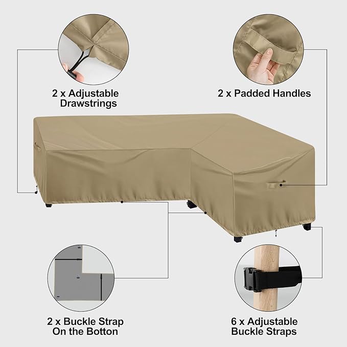 OutdoorLines Waterproof Outdoor Patio Sectional Cover - UV Resistant & Windproof L-Shaped Patio Furniture Covers for Deck, Lawn and Backyard, 420D Heavy Duty Couch Cover, Right Facing, 104"x83", Camel