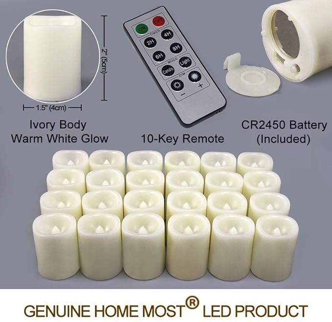 Set of 24 LED Votive Candles with Timer and Remote (Ivory Body with Warm White Glow) - Flickering Flameless Votive Candles Battery Operated - Bulk Rustic Wedding Decorations Reception Table