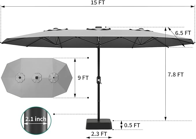 15FT Large Patio Umbrella with Base Included, Outdoor Double-Sided Rectangle Market Umbrella with Crank Handle for Pool, Lawn, Garden, Backyard, Grey