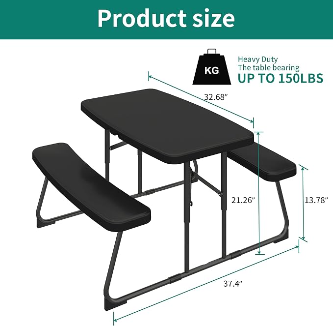 DWVO 37" Picnic Table, Folding Picnic Tables for Outdoors with Weather Resistant Resin Tabletop & Stable Steel Frame for Yard Patio Lawn Party, Black