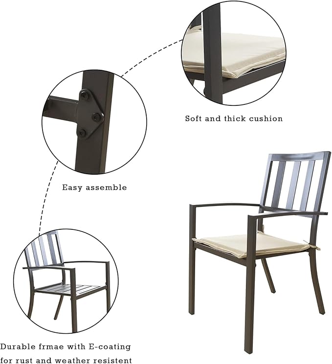 Kozyard Coolmen Outdoor Patio Dining Chair Set of 2, Steel Frame Stackable Chairs with Cushions, Weather Resistant, Brown Frame for Garden, Balcony, Backyard