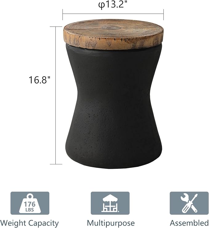 COSIEST 2 Pieces Outdoor End Table, Set of 2 Drum Side Table Faux-Wood Top, Black Base with Tree Trunk Slice Hand Painted, Accent Stool, Plant Stand