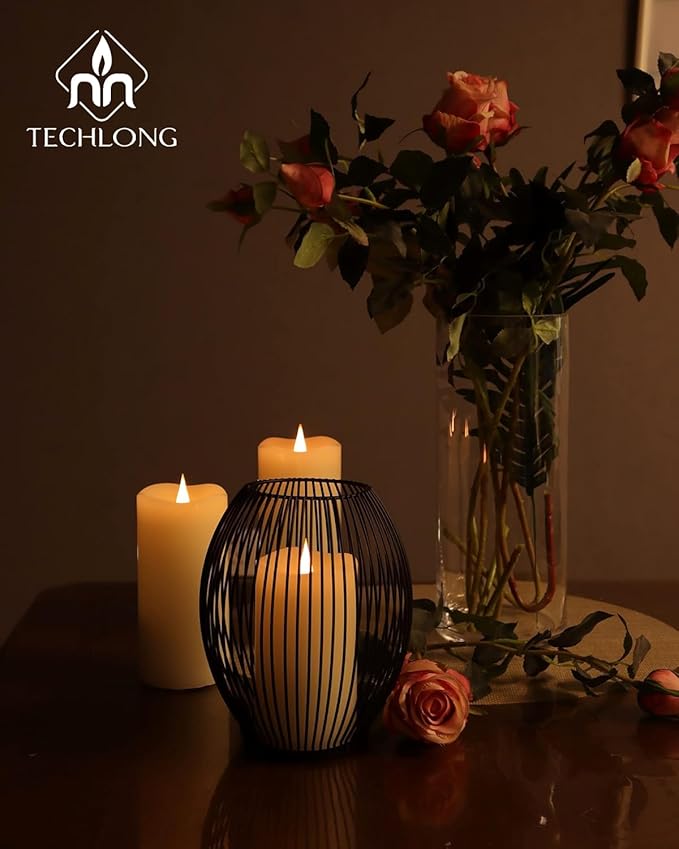 TECHLONG Flickering Flameless Candles with 3D Moving Flame, Last 1000+ Hours Battery Operated Candles with Timer, Ivory Real Wax Pillar Electric LED Candle for Wedding Christmas Party/3" x 5"
