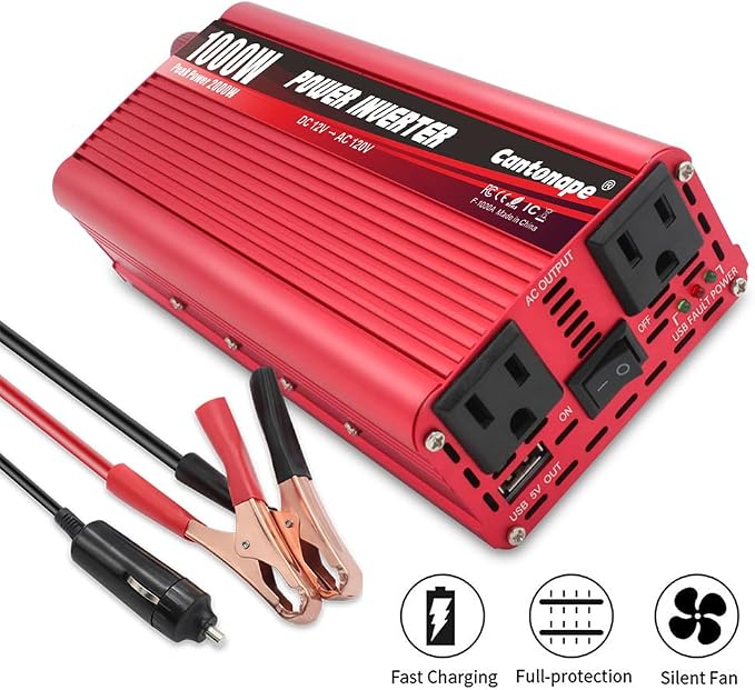 Cantonape 1000W Power Inverter DC 12V to 110V/120V AC Car Inverter with 3.1A USB Car Adapter and Cigarette Lighter for Vehicles Home Laptop Truck Trip