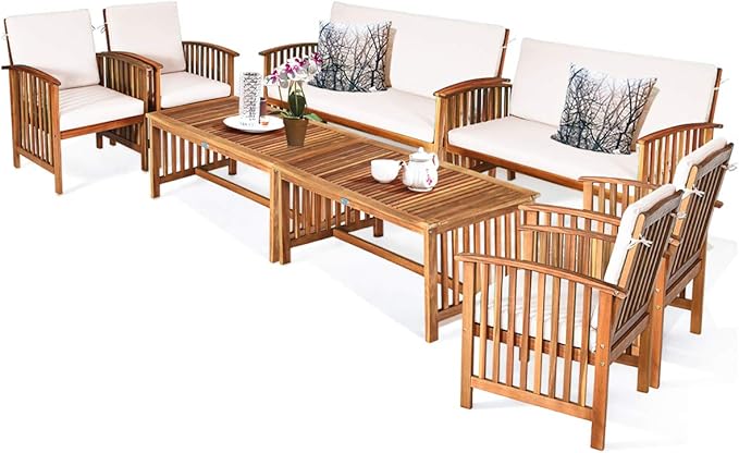Tangkula Outdoor 8 Pcs Acacia Wood Sofa Set w/Water Resistant Cushions, Padded Patio Seating Chat Set w/Coffee Table for Garden, Backyard, Poolside (2, White)