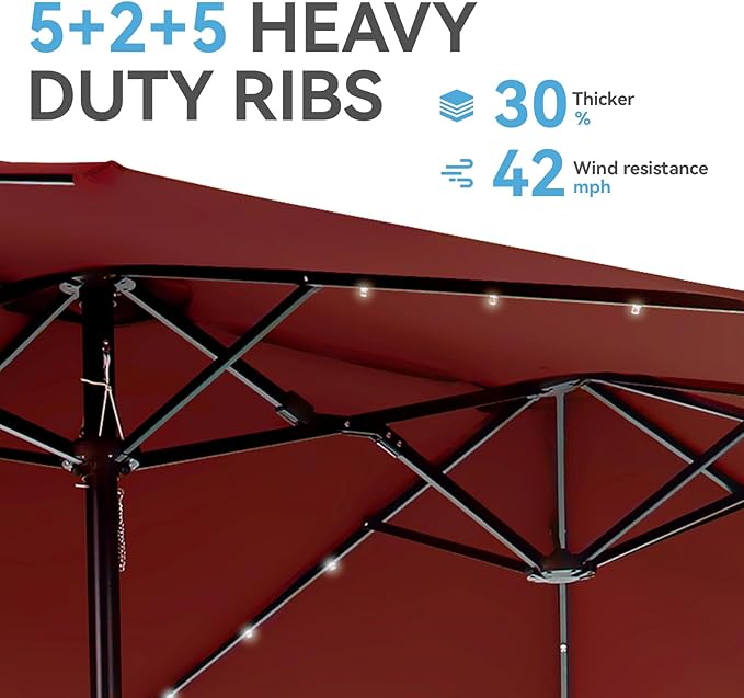 GREEN PARTY 15 ft Large Outdoor Patio Umbrella with Solar Led Lights & Base Included, Double-Sided Rectangular Table Umbrella with Stand, Market Umbrellas for Deck Poolside Garden Backyard, Red