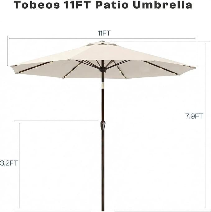 11FT Solar Lighted Patio Umbrella, Outdoor Table Market Umbrellas with Crank Lift, 32 LED Lights, 8 Sturdy Ribs, UV-Resistant for Deck, Garden, Pool