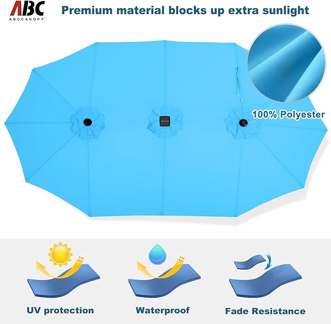 ABCCANOPY 15ft Umbrella Outdoor Patio Solar Lights with Base, Outdoor Double-Sided Rectangle Umbrella for Poolside, Lawn, Backyard (Turquoise)