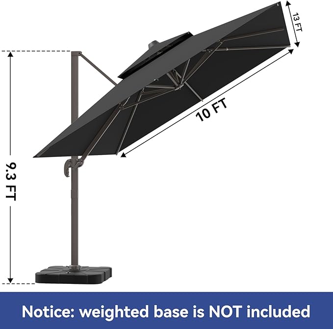 10x13FT Cantilever Outdoor Patio Umbrellas，Double Top Large Rectangle Umbrella Heavy Duty 360°Rotation Offset Outdoor Sun Shade Umbrella for Garden Deck Pool Backyard Patio, Black