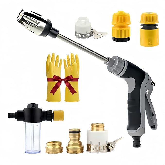 High Pressure Washer Gun with Foam Cannon & 6 Adapters, 360° Rotating 3-Mode Garden Hose Nozzle, Power Car Detailing & Patio Cleaning Tool, Fits U.S. 3/4" Thread