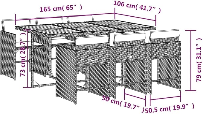 7 Piece Patio Dining Set with Cushions Gray Poly Rattan Outdoor Table and Chairs for Garden Backyard Deck Entertaining UV-Proof Folding Stackable