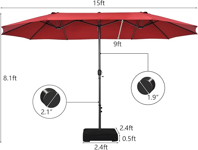 Tangkula 15FT Double-Sided Patio Umbrella, Outdoor Market Umbrella W/Hand-Crank System & Enhanced Base, Ultra-Large Twin Garden Umbrella W/ 12-Rib Structure for Residential & Commercial Use (Wine)