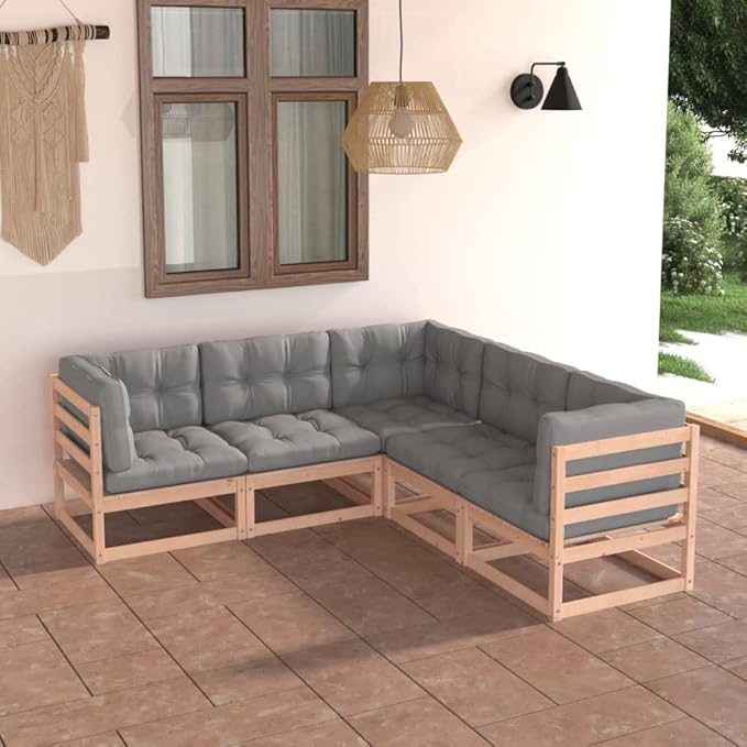 5 Piece Patio Lounge Set with Cushions, Patio Conversation Set Porch Furniture Set Outdoor Dining Sets Sectional Sofa for Exhibition Poolside Piazza Garden Solid Wood Pine