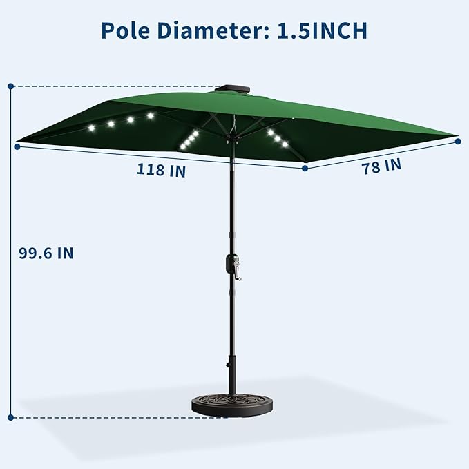 Garvee 10' x 6.5' Solar Rectangular Patio Umbrella with Lights, Outdoor Table Umbrella with Crank and Push Button Tilt, Market Umbrella with 6 Sturdy Ribs Tilt for Garden, Deck, Lawn, Pool
