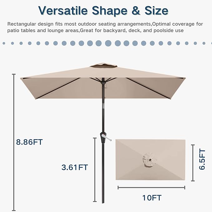 6.5'x10' Rectangular Patio Outdoor Umbrella,Large Coverage with Push-Button Tilt & UV Protection,Sturdy Ribs for Deck,Lawn,Pool,Backyard