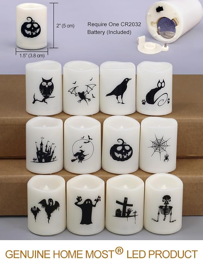 Set of 12 Halloween Votive Candles Battery Operated (White Body, Warm White Flicker) - Flameless Unscented Candles with Halloween Decals - LED Flickering Flameless Votive Candle