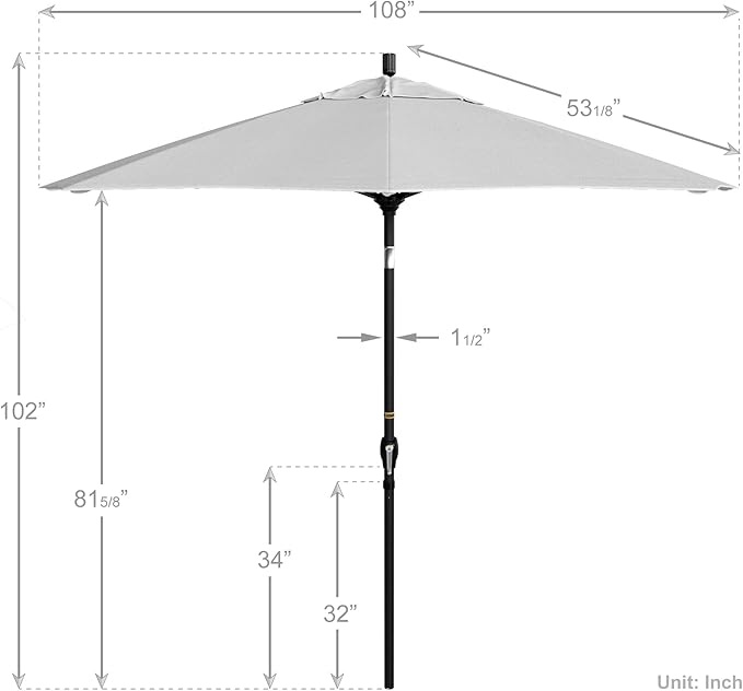 California Umbrella 9' Round Aluminum Market Umbrella, Crank Lift, Push Button Tilt, Black Pole, Pacifica
