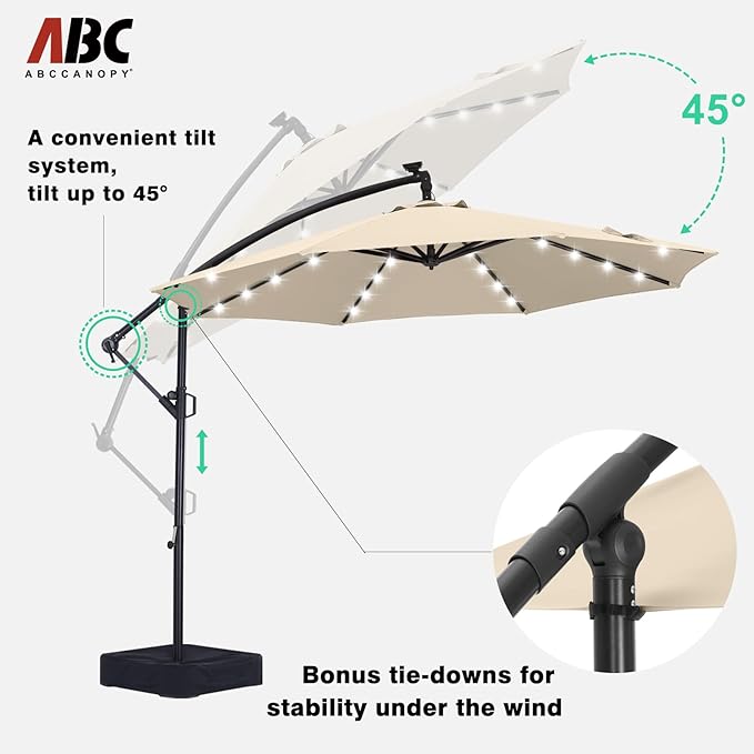 ABCCANOPY 10 FT LED Patio Umbrellas Cantilever Umbrella with base, 360° Rotation Outdoor Lighted Offset Umbrella Bonus Fix Frame & Weights Bag for Backyard, Deck, Poolside (Light Beige)
