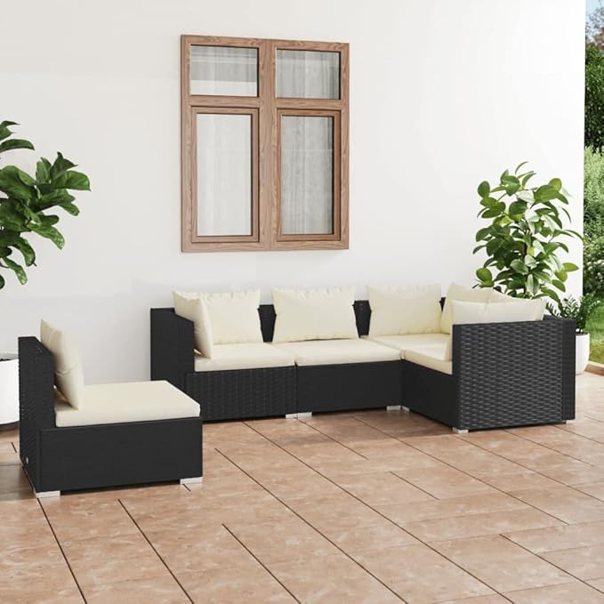 5 Piece Patio Lounge Set,Outdoor Garden Conversation Set,Patio Outdoor Set Suitable Suitable for Patio,Deck,Balcony with Cushions Poly Rattan Black