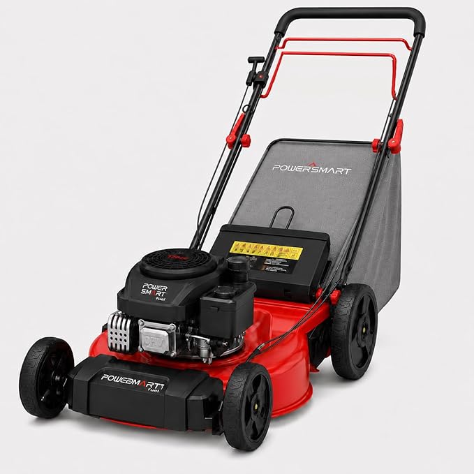 PowerSmart 21-Inch Gas Self-Propelled Lawn Mower, 170cc OHV Engine, Reinforced Steel Deck, 3-in-1 Bagging/Mulching/Rear Discharge, 6 Cutting Heights (1.5"–3.9"), 10" Rear Wheels, Foldable Handle
