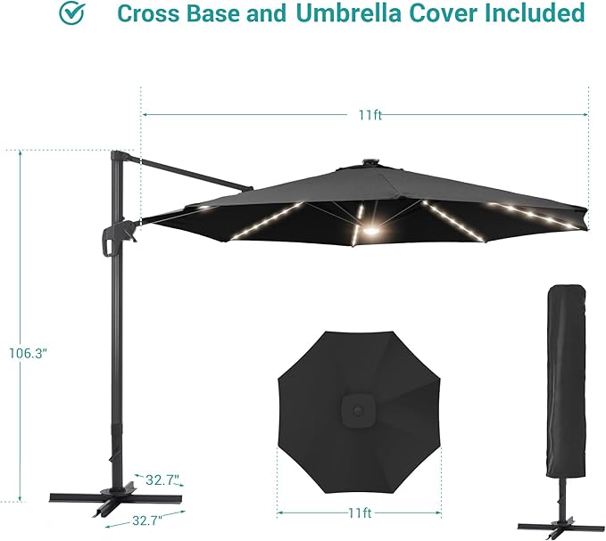 FLAME&SHADE 11 ft Cantilever Offset Patio Umbrella, Large Heavy Duty Outdoor Patio Umbrella Aluminum 360° Rotation Round Outdoor Umbrella for Deck,Pool,Backyard