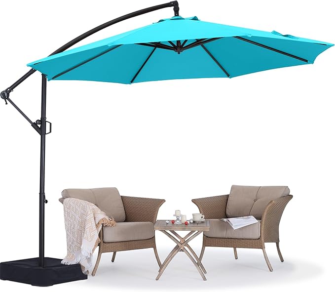ABCCANOPY 10FT Cantilever Patio Umbrella with base included, 360° Rotation Outdoor Offset Umbrella Bonus Fix Frame & Weights Bag for Backyard, Deck, Poolside (Turquoise)