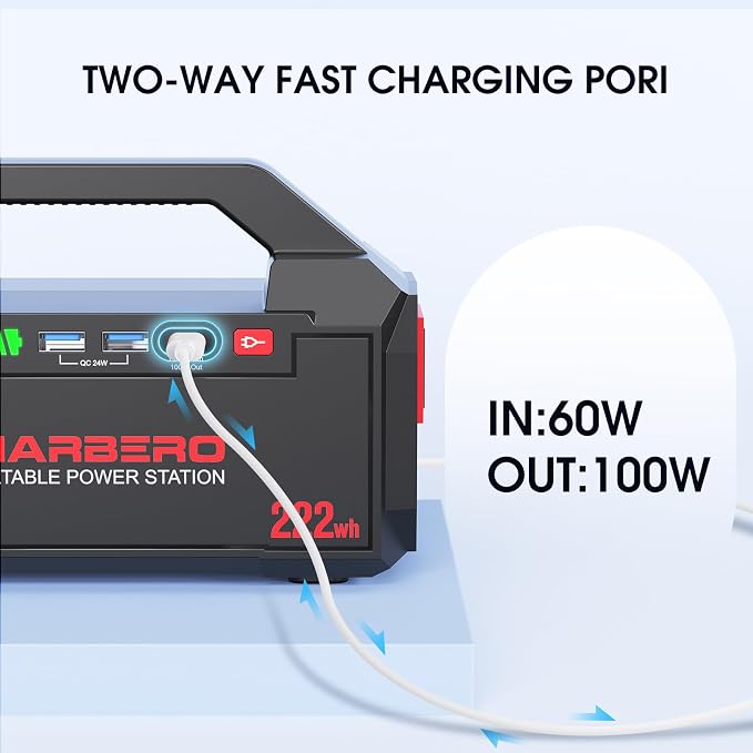 MARBERO Portable Power Station 222Wh Battery Pack 100W (150W Surge) Power Bank Flashlight High Lumens Fast Charging Power Bank with AC Outlet for Outdoor Camping Hurricane Backup Emergencies