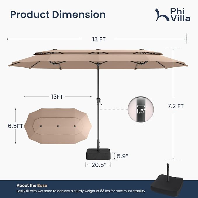 PHI VILLA 13ft Outdoor Patio Umbrellas with Base Included, 2-Tier Double-Sided Outdoor Rectangular Sun Umbrella for Outside, Beige
