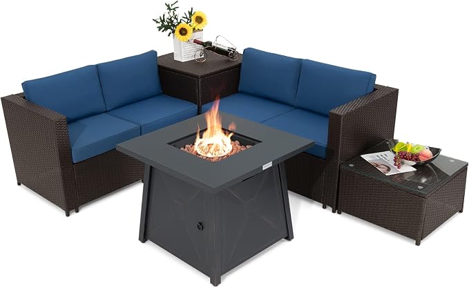 Tangkula 5 Piece Patio Furniture Set with 50,000 BTU Propane Fire Pit Table, Outdoor Wicker Conversation Set w/Cushions, Storage Box and Tempered Glass Coffee Table, 30" Gas Fire Pit Table (Navy)