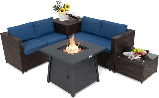 Tangkula 5 Piece Patio Furniture Set with 50,000 BTU Propane Fire Pit Table, Outdoor Wicker Conversation Set w/Cushions, Storage Box and Tempered Glass Coffee Table, 30" Gas Fire Pit Table (Navy)