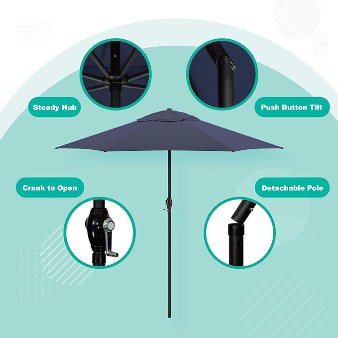 Sunline 9 ft Patio Umbrella with Crank & Push Button Tilt, Outdoor Market Umbrella with UV Protection & Wind Vent, Metal Frame for Deck, Pool & Table, Navy Blue