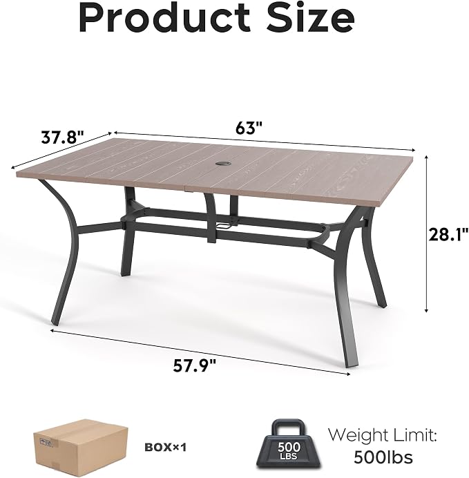 63" x 37.8" Patio Outdoor Dining Table, Wood-Grain Metal Table with Umbrella Hole, All-Weather Dining Table for Party, Lawn & Garden