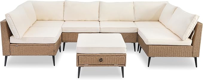 LVUYOYO 7 Pieces Outdoor Patio Furniture Set, Wicker Sectional Sofa Set for All-Weather, Rattan Conversation Sets with Cushions and Storage for Deck, Backyard, Porch (Khaki)