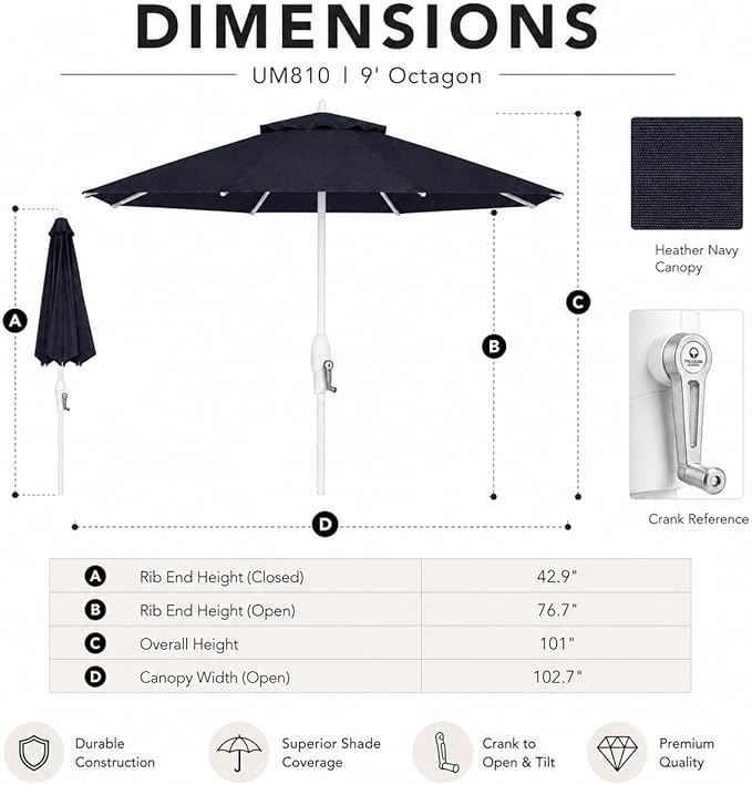 Treasure Garden 9ft Patio Umbrella - Outdoor Furniture Market Umbrella – Deluxe Auto-Tilt – White Aluminum Frame (Sunbrella, Navy)