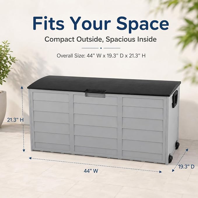 75 Gallon Resin Deck Box, Waterproof Outdoor Storage Box with Wheels, Lockable Lid and Handles, Large Deck Storage for Outdoor Gear, Patio Furniture Cushion, Gardening Tools, Black