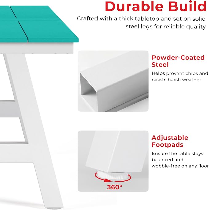 Costaelm Rectangle Patio Table, 8-Person Backyard Table 90" HDPE Dining Table with Umbrella Hole and Metal Frame for Outside, Garden, Poolside, Deck, Porch, Balcony, Turquoise