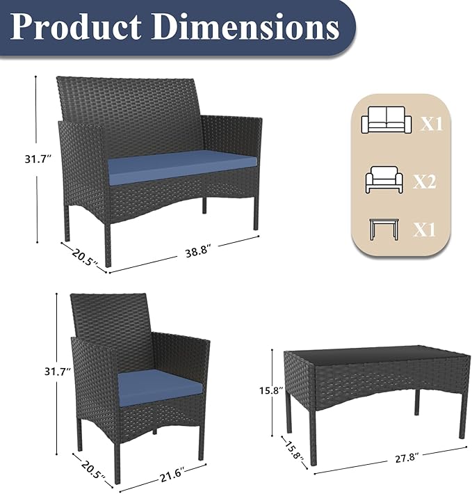 ALAULM 4 Pieces Patio Conversation Set Outdoor Rattan Patio Furniture Set Wicker Chairs with Soft Cushion and Glass Table for Patio, Backyard, Porch, Poolside(Dark Blue)