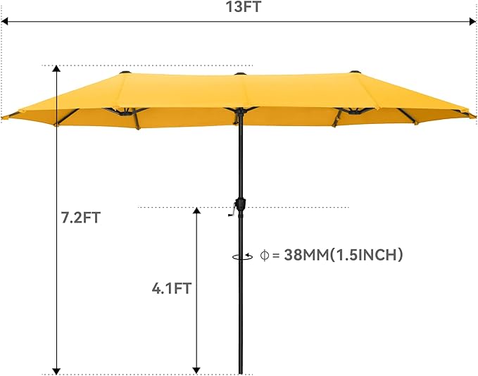 GREEN PARTY 13ft Rectangle Patio Umbrella, Double Sided Outdoor Table Umbrella with Crank & 1.5" Pole, Large Market Umbrella for Poolside Garden Deck Backyard, Gold Yellow