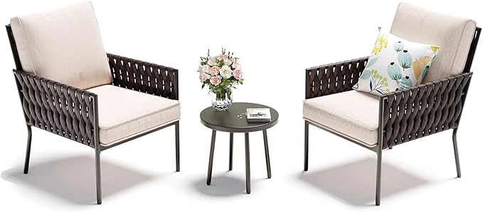 3-Piece Patio Furniture Set, Armchairs with Coffee Table,Modern Wicker Outdoor Conversation Set with Waterproof Thick Cushion for Deck,Backyard,Porch,Beige