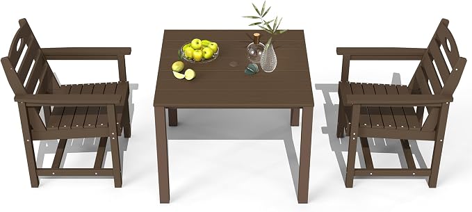Domi HDPE Outdoor Dining Set, All-Weather Outdoor Dining Table Set of 3 with 2" Umbrella Hole, Outdoor Patio Dining Set for Garden, Poolside, Backyard, Deck, Brown