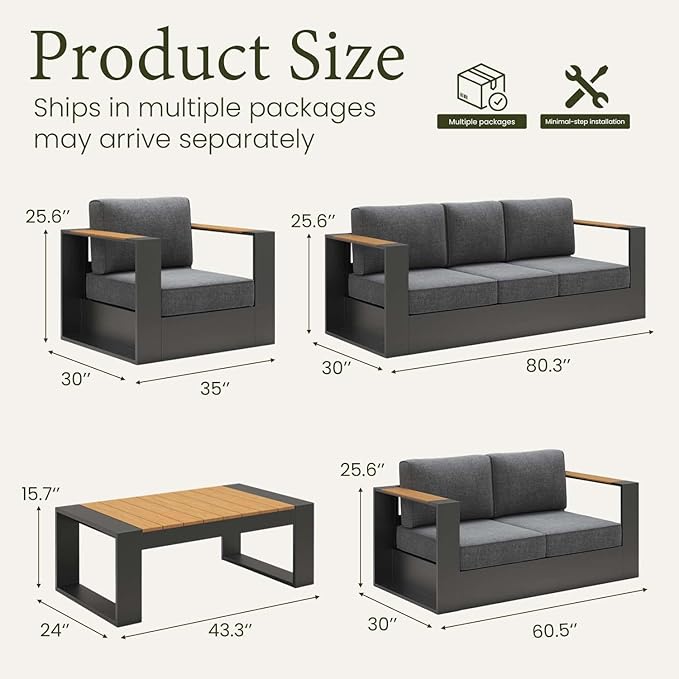 LayinSun 5 Pieces Aluminum Patio Furniture Set with Coffee Table, Oversized Outdoor Conversation Set 7 Seats with 6" Thick Cushions for Outside Porch, Balcony, Deck
