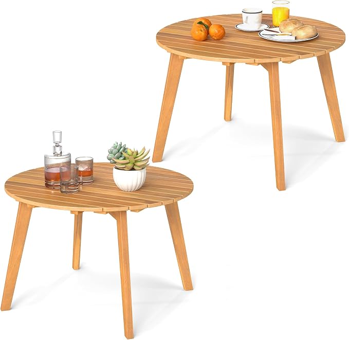 HAPPYGRILL Acacia Wood Patio Bistro Side Table, Outdoor Round End Table with Slatted Tabletop, for Backyard Poolside Garden, 24.5 Inch (2)