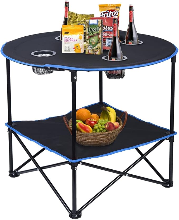 LEADALLWAY Folding Picnic Table Outdoor Camping Table Canvas Travel Table | Portable, Collapsible 4 Cup Holders and Carrying Bags, for Outdoor Picnic,Barbecue,Travel,Fishing (Black+Blue)