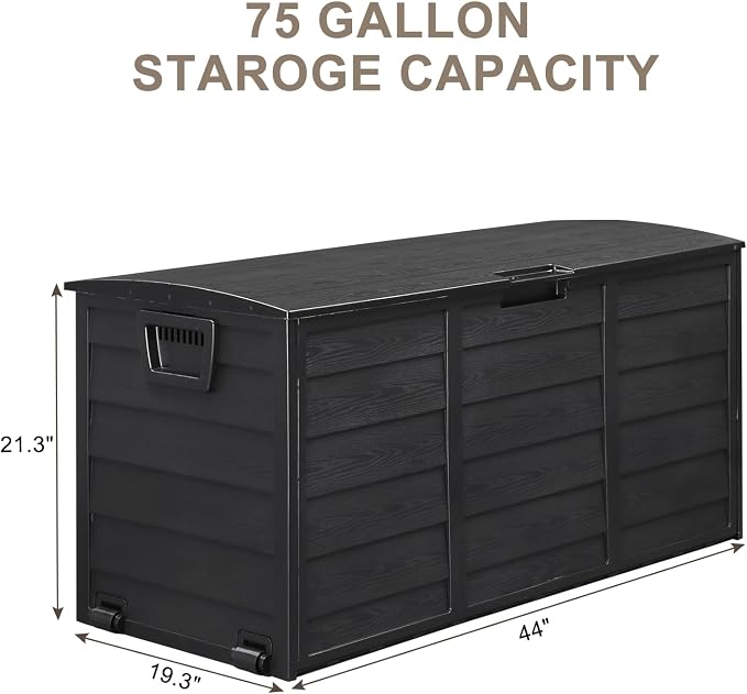 75 Gallon Outdoor Storage Box,Waterproof Deck Box with Lockable Lid&Wheels,Easy-open Outdoor Storage Bench with Handles for Garden,Pool,Balcony (Black)