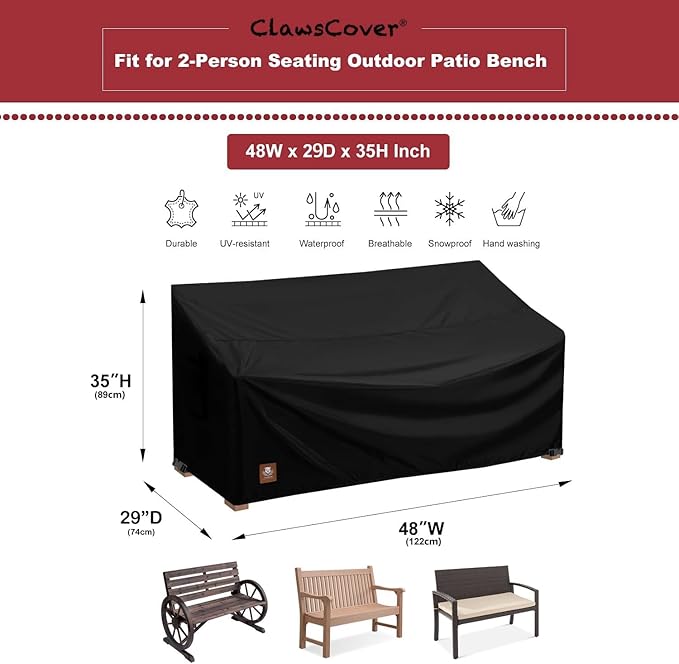 2 Seater Outdoor Bench Covers Waterproof,48W x 29D x 35H Inch,All Weather and Tearproof Polyester Fabric,Fit for 2-Person Seating Wooden Metal Cast Iron Patio Garden Furniture Loveseat Chair Sofa